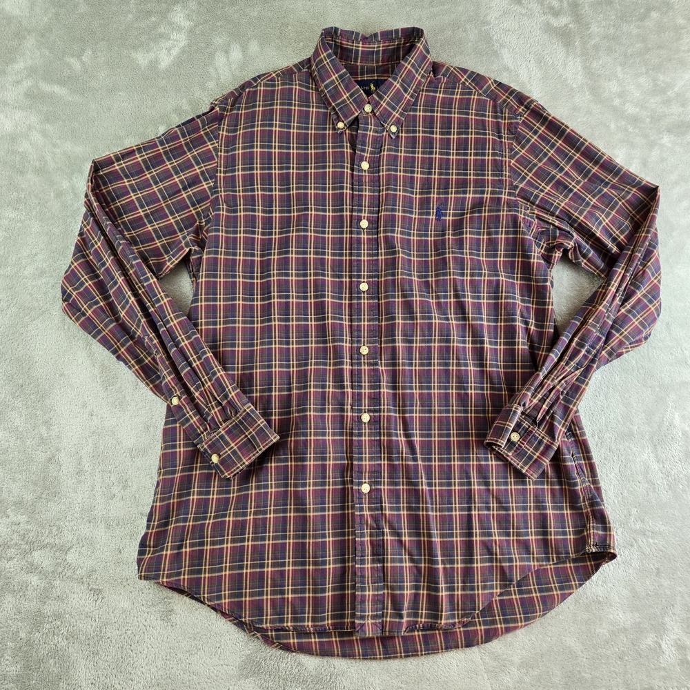 Ralph Lauren Shirt Mens Large Burgundy Navy Blue Plaid Long Sleeve Classic Fit